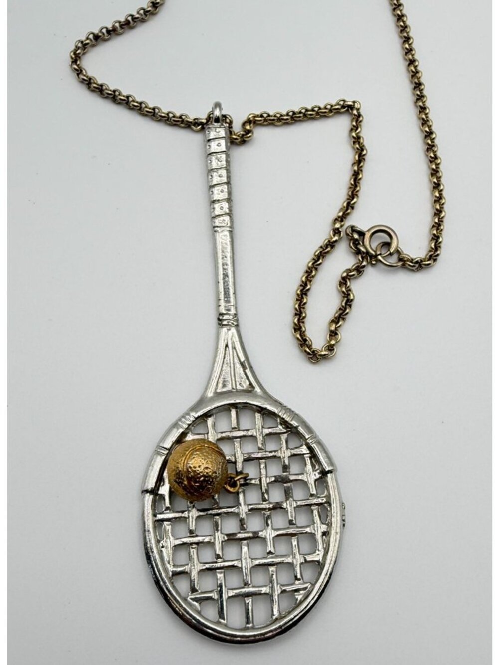 Vintage Tennis Racket Large Pendant Necklace 18" Gold and Silver Tone Sports 80s - Picture 7 of 7